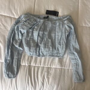 Nasty Gal Pale Blue Off-Shoulder Eyelet Crop Blouse